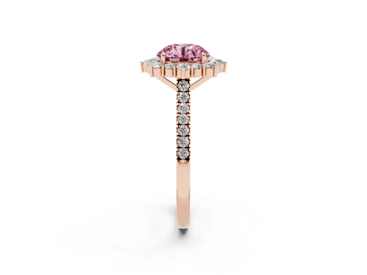 Fancy Pink Round Cut Halo Diamond Ring with Pavé Band and Prong Setting Rose gold