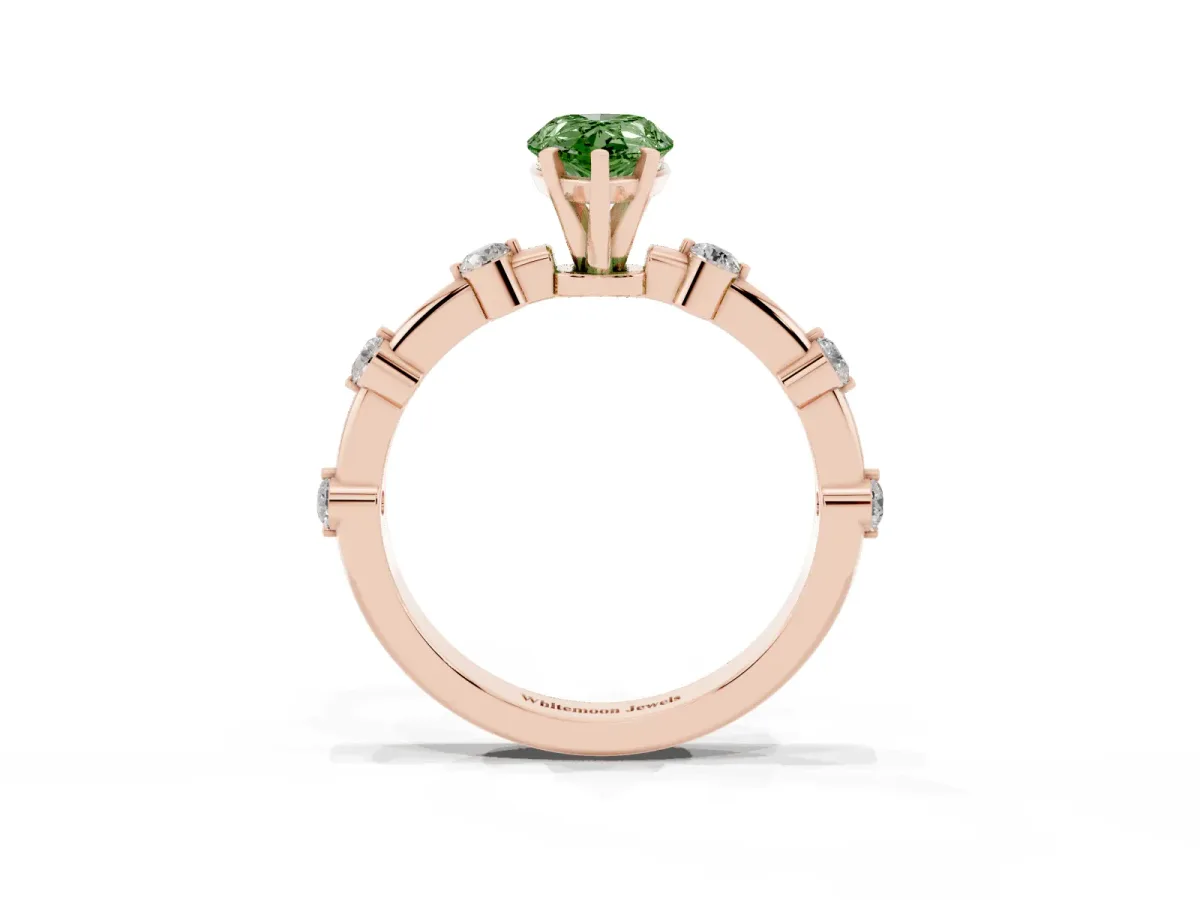 Fancy Green Pear Cut Solitaire Diamond Ring with Bezel Set Side Stones and Prong Setting Rose gold