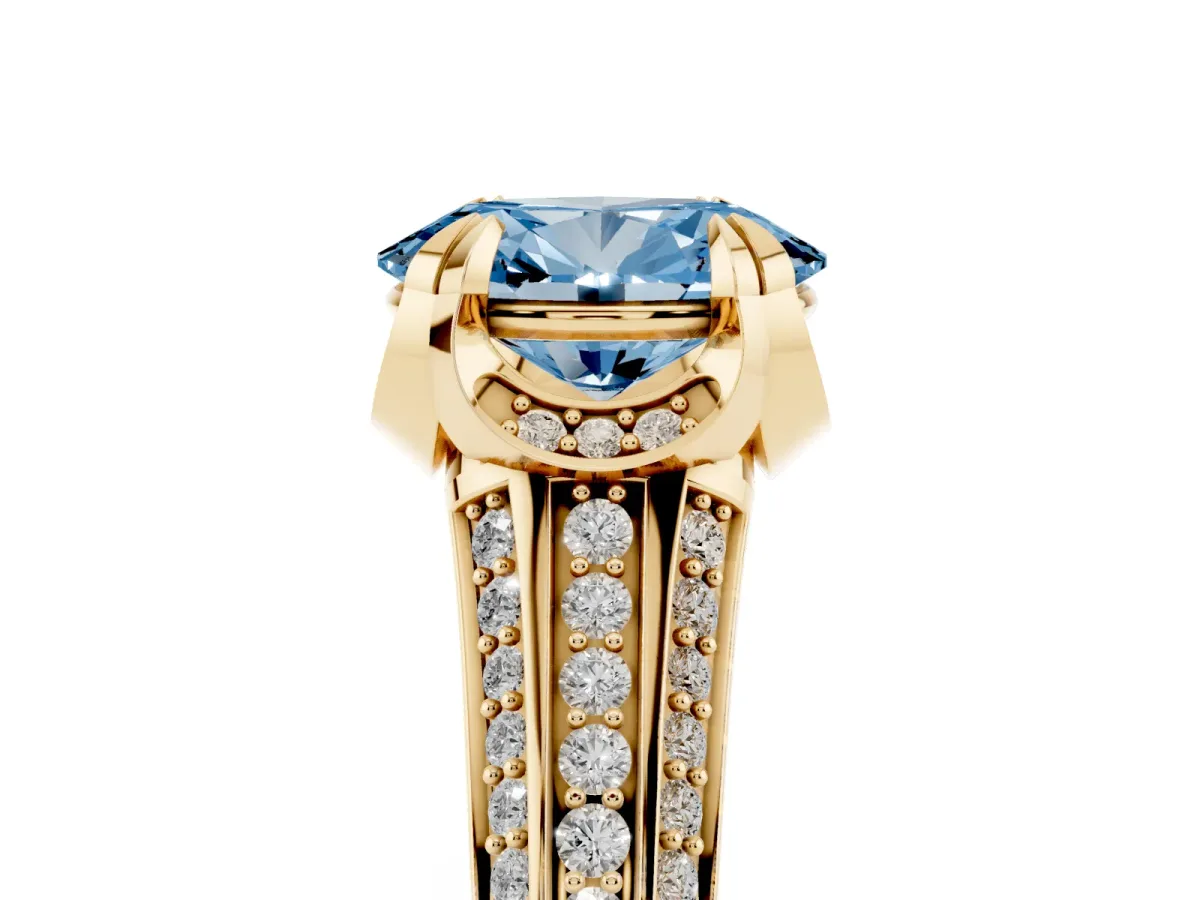 Fancy Blue Oval Cut Solitaire Pave Split Shank Ring with Four-Prong Setting Yellow gold
