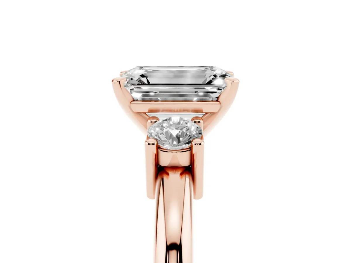Three-Stone Emerald Cut Cut Diamond Solitaire with Prong Setting and Classic Band Rose gold