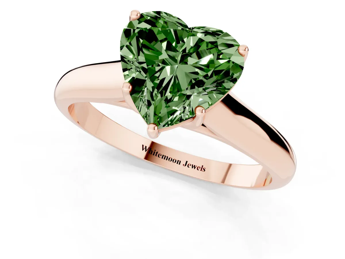 Fancy Green Heart Cut Cut Diamond Solitaire Engagement Ring with Tapered Plain Band and Four-Prong Setting Rose gold