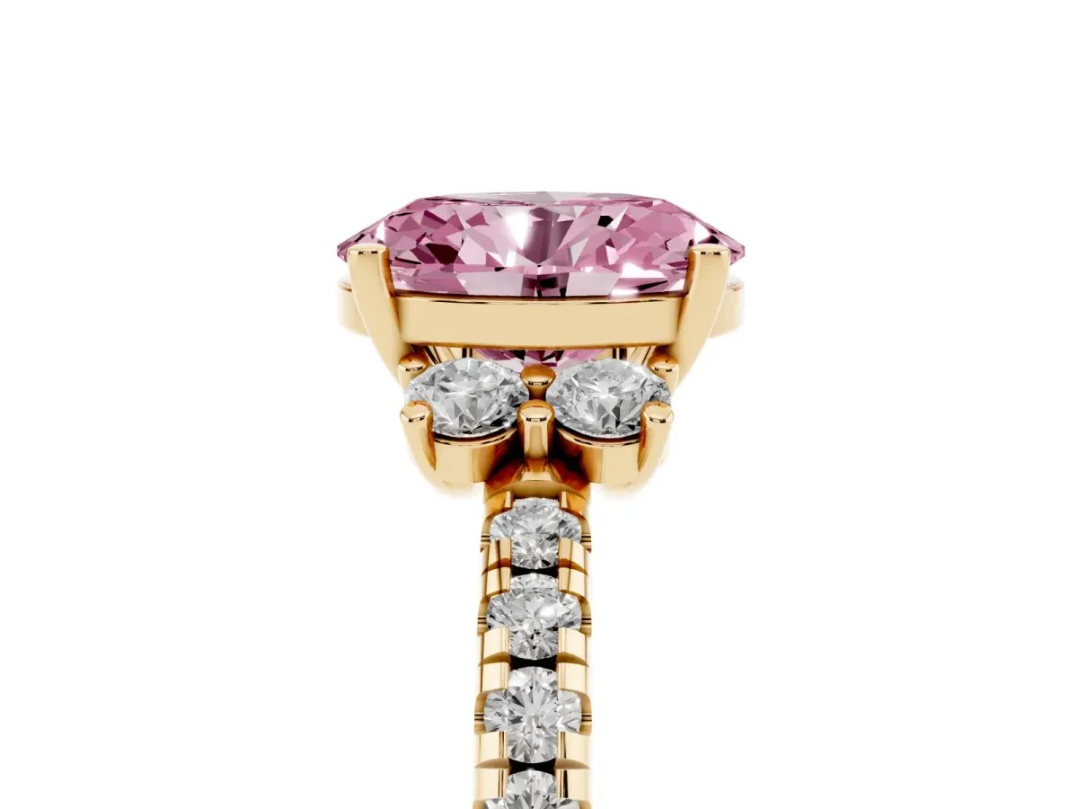 Fancy Pink Oval Cut Diamond Three-Stone Pave Band with Four-Prong Setting Yellow gold