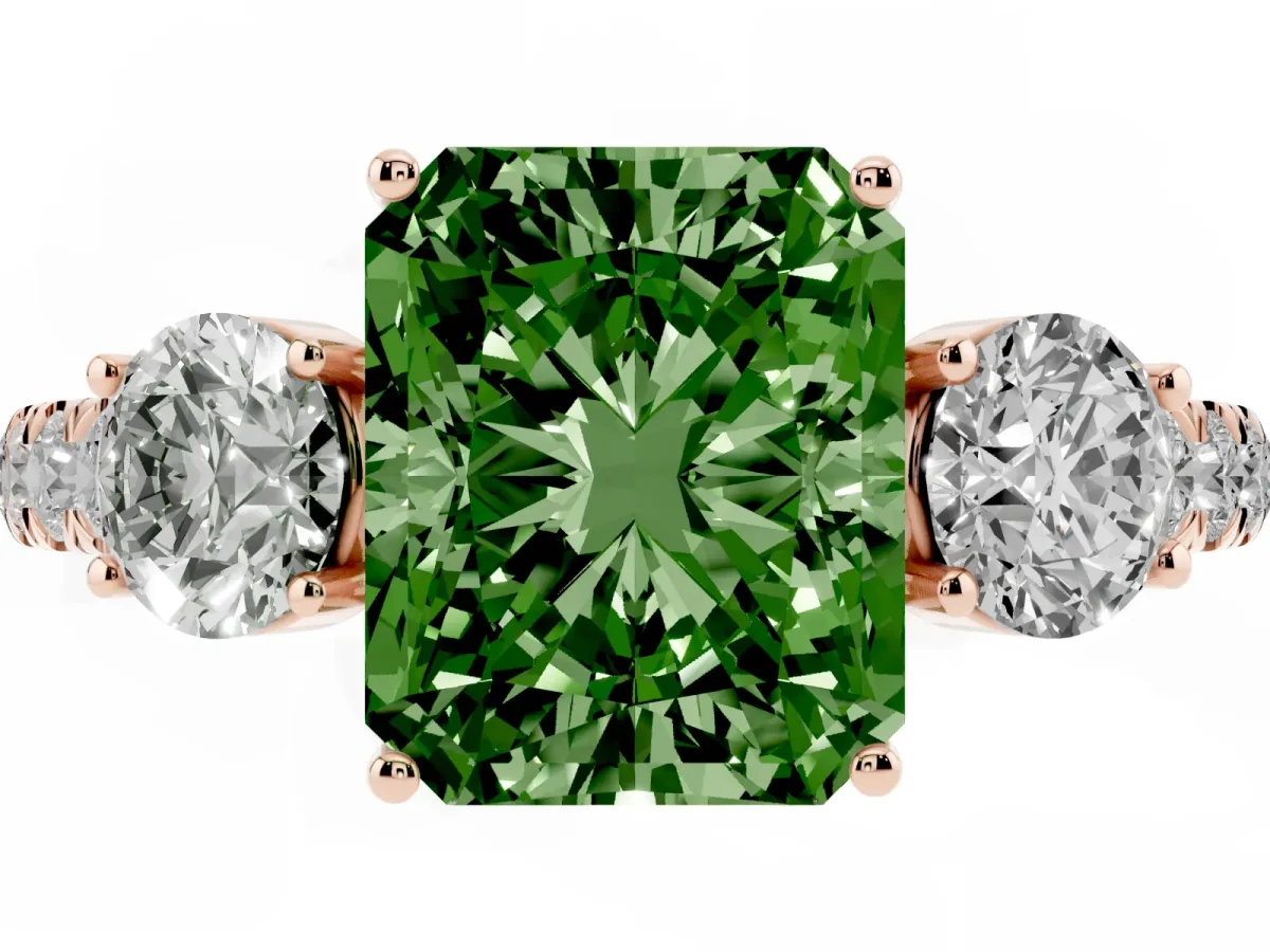 Fancy Green Radiant Cut Cut Diamond Three-Stone Ring with Round Side Stones and Pavé Band Rose gold