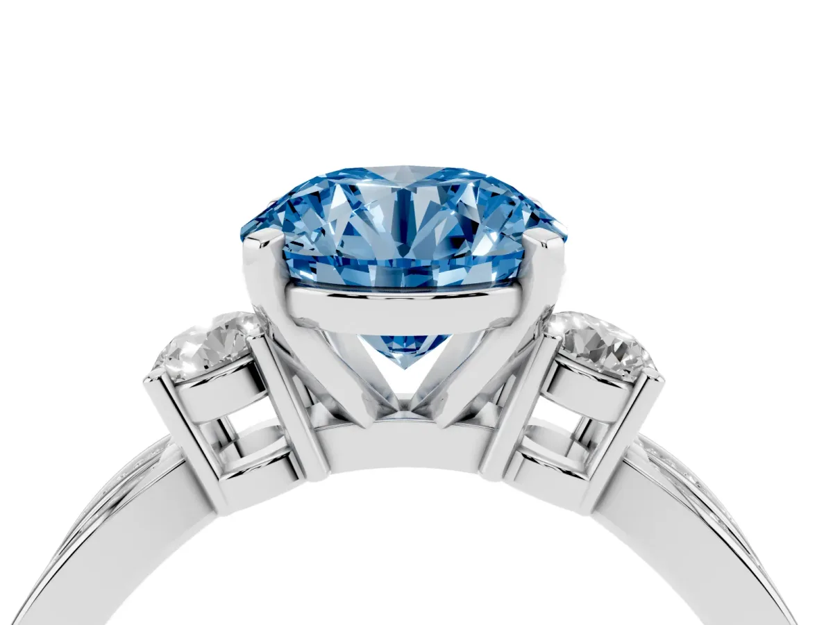 Fancy Blue Three-Stone Round Cut Cut Diamond Twist Band with Prong Setting Silver