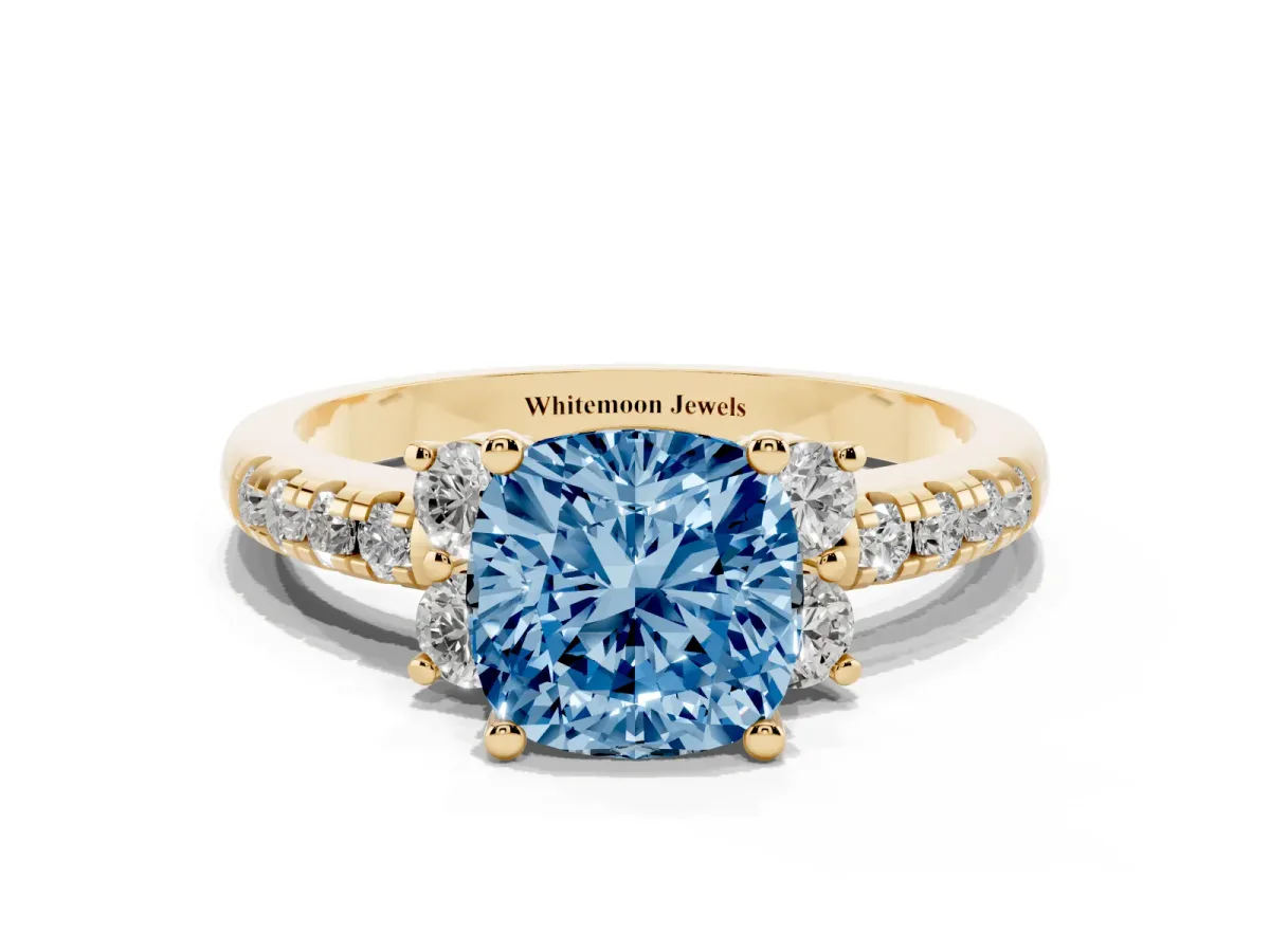 Fancy Blue Cushion Cut Diamond Three-Stone Pave Band with Four-Prong Setting Yellow gold