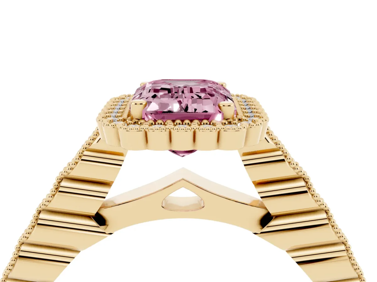 Fancy Pink Emerald Cut Cut Halo Pavé Solitaire Ring with Milgrain Band Yellow gold