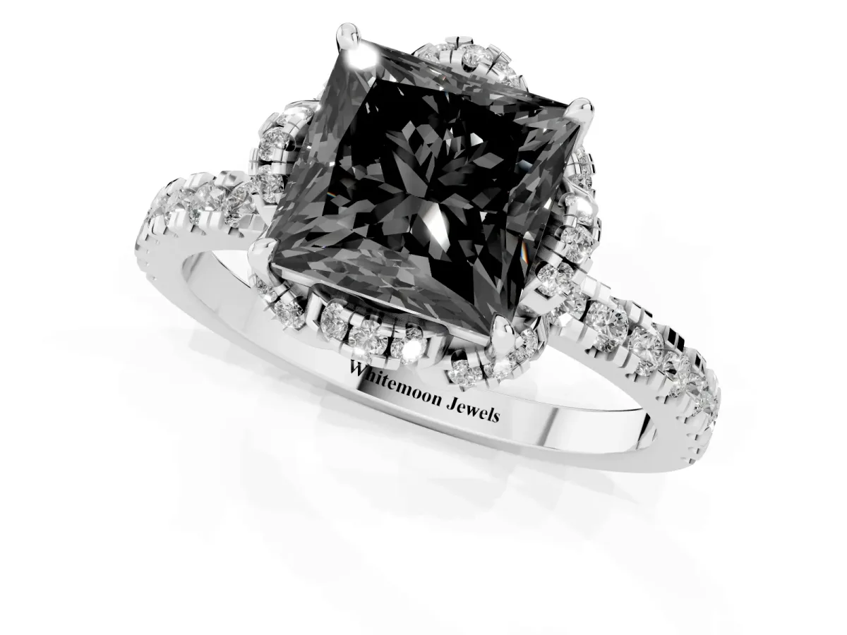 Fancy Black Princess Cut Diamond Halo Pave Band with Four-Prong Setting Silver