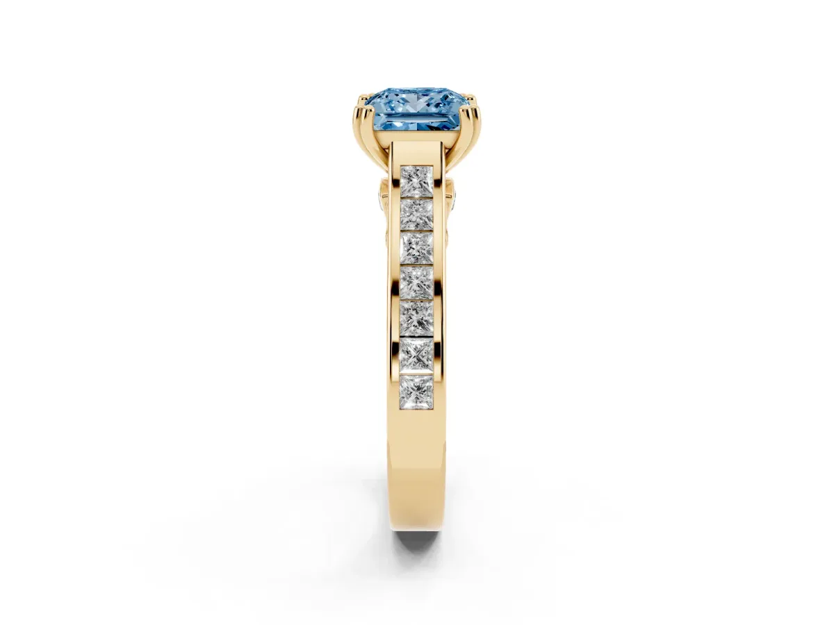 Fancy Blue Princess Cut Cut Channel Set Solitaire Engagement Ring with Prong Setting Yellow gold