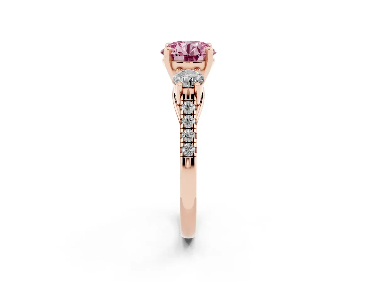 Fancy Pink Three-Stone Round Cut Diamond Pavé Band with Four-Prong Setting Rose gold