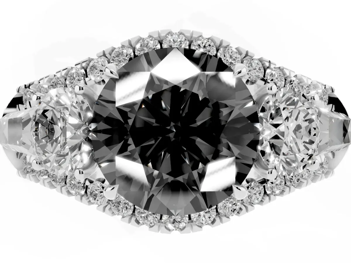 Fancy Black Three-Stone Round Cut Diamond Engagement Ring with Pave Band and Prong Setting Silver