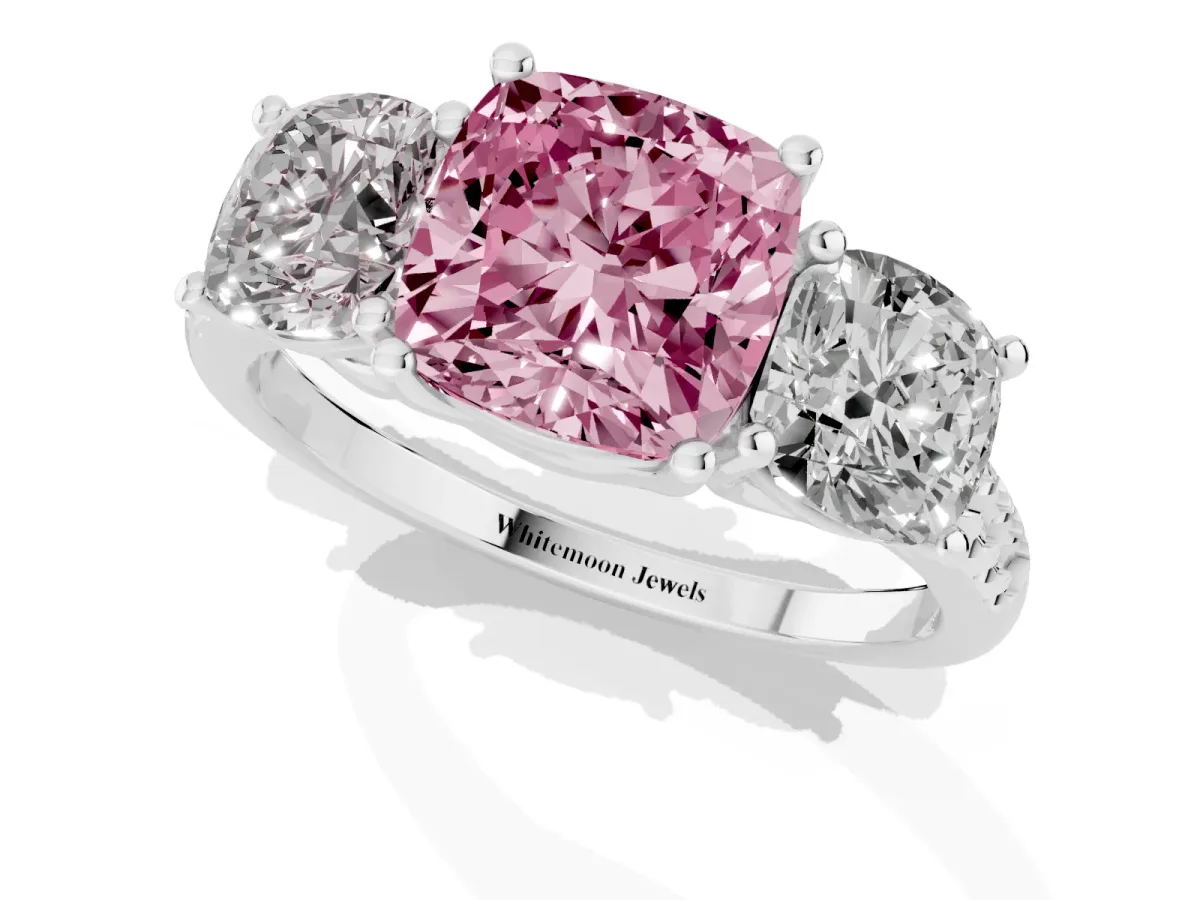 Fancy Pink Three-Stone Cushion Cut Diamond Ring with Round Pavé Band and Prong Setting Silver