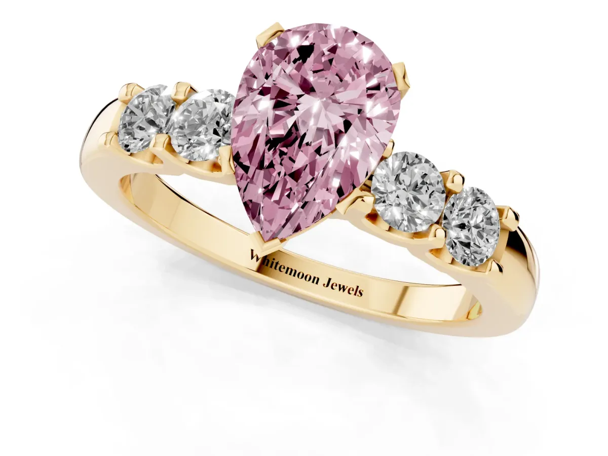 Fancy Pink Pear Cut Brilliant Cut Diamond Five-Stone Prong Set Engagement Ring with Channel Band Yellow gold