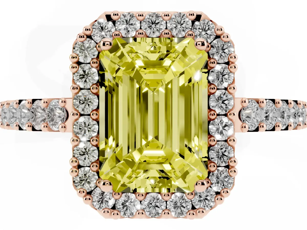 Fancy Yellow Emerald Cut Halo Diamond Pavé Solitaire Ring Rose gold