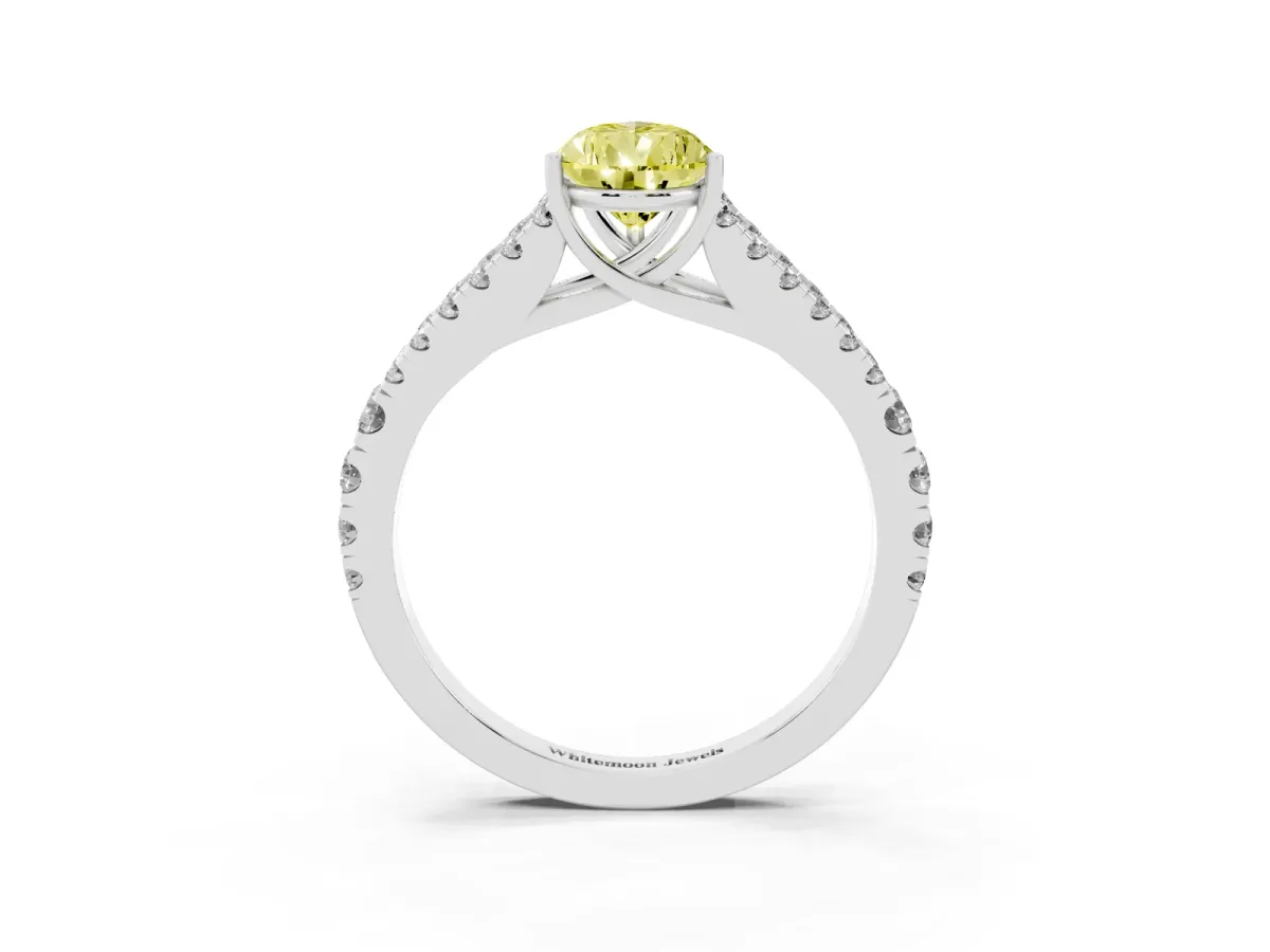 Fancy Yellow Pear Cut Diamond Split Shank Pavé Engagement Ring with Four-Prong Setting White gold