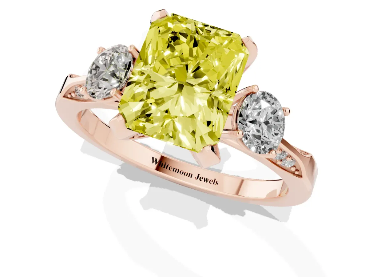 Fancy Yellow Radiant Cut Brilliant Three-Stone Diamond Ring with Pavé Band and Four-Prong Setting Rose gold