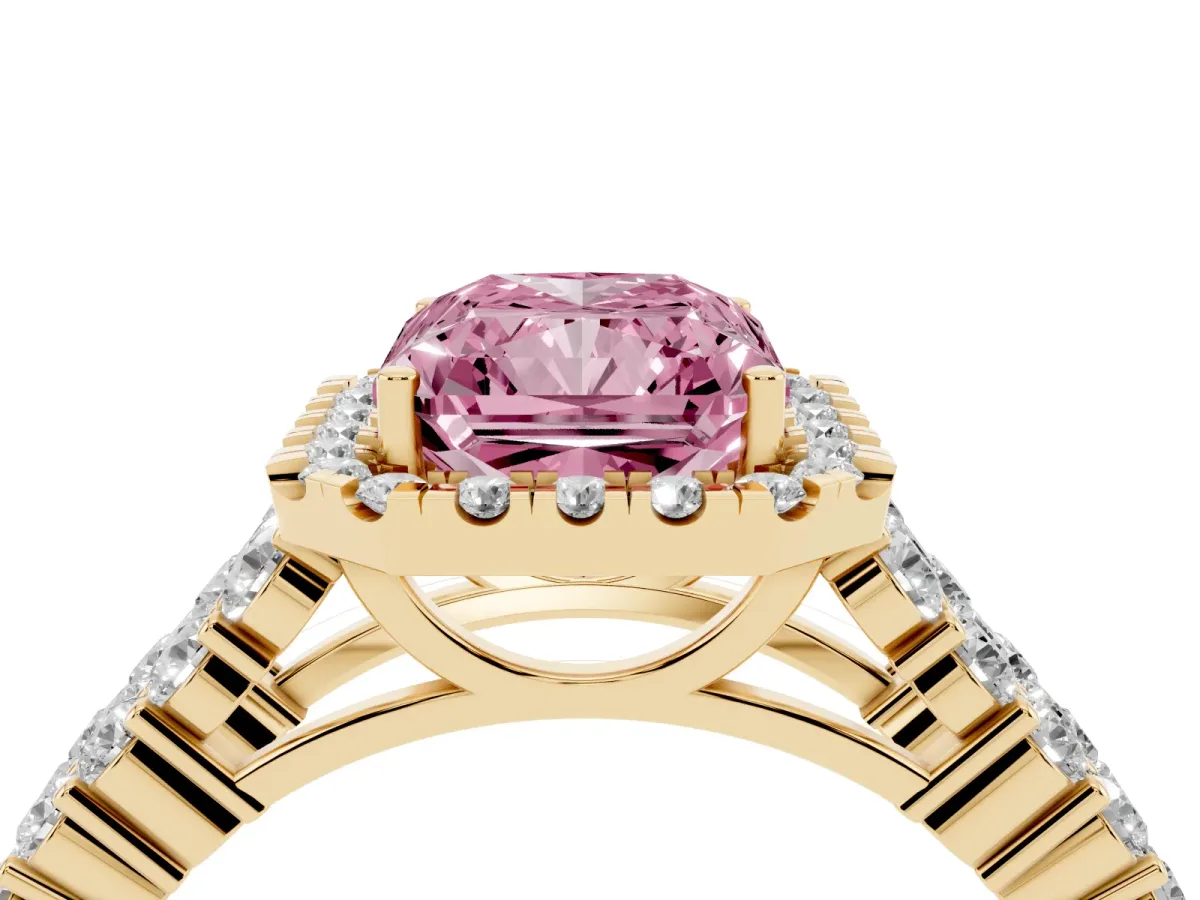 Fancy Pink Radiant Cut Diamond Halo Engagement Ring with Triple Row Round Pavé Band and Prong Setting Yellow gold