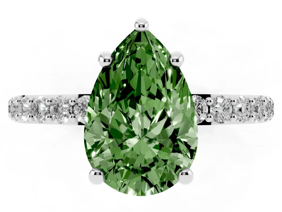 Fancy Green Pear Cut Diamond Solitaire Ring with Round Pavé Band and Prong Setting Platinum