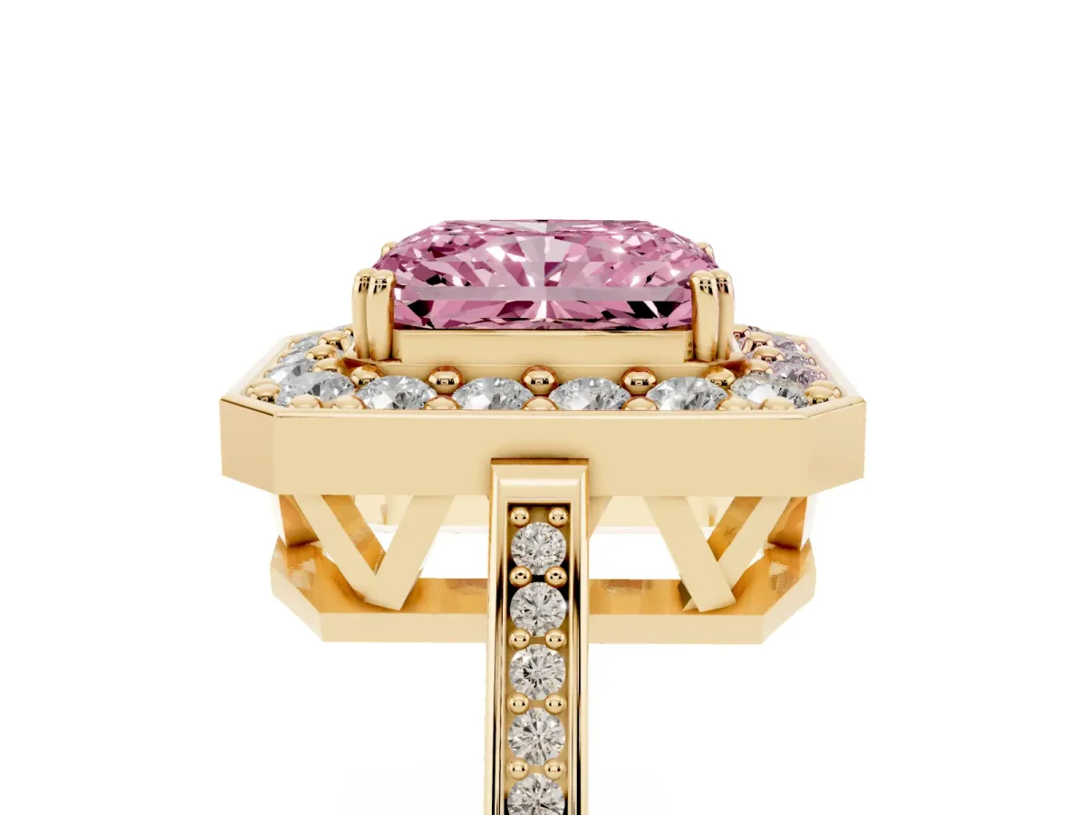 Fancy Pink Radiant Cut Diamond Halo Ring with Split Shank and Four-Prong Setting Yellow gold