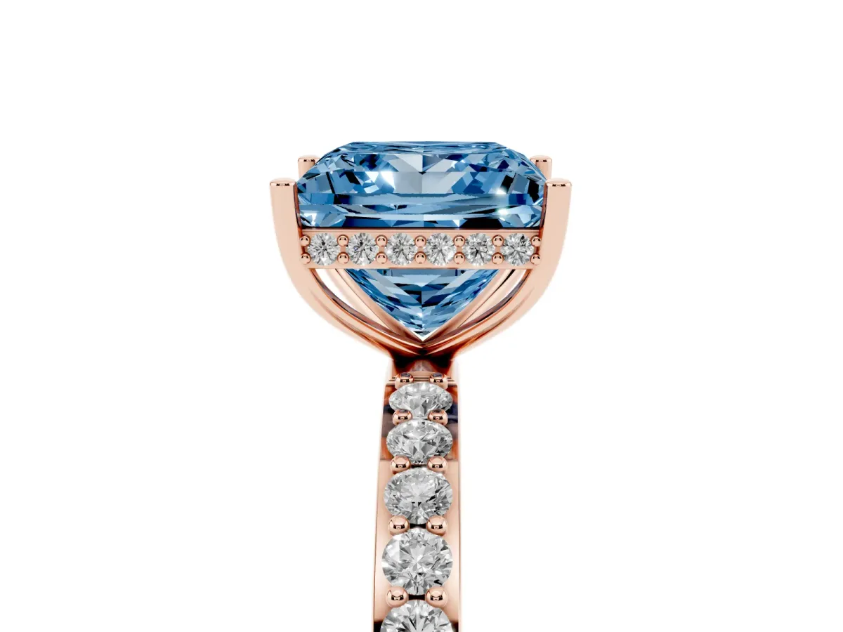 Fancy Blue Princess Cut Diamond Solitaire Ring with Pavé Band and Hidden Halo Rose gold