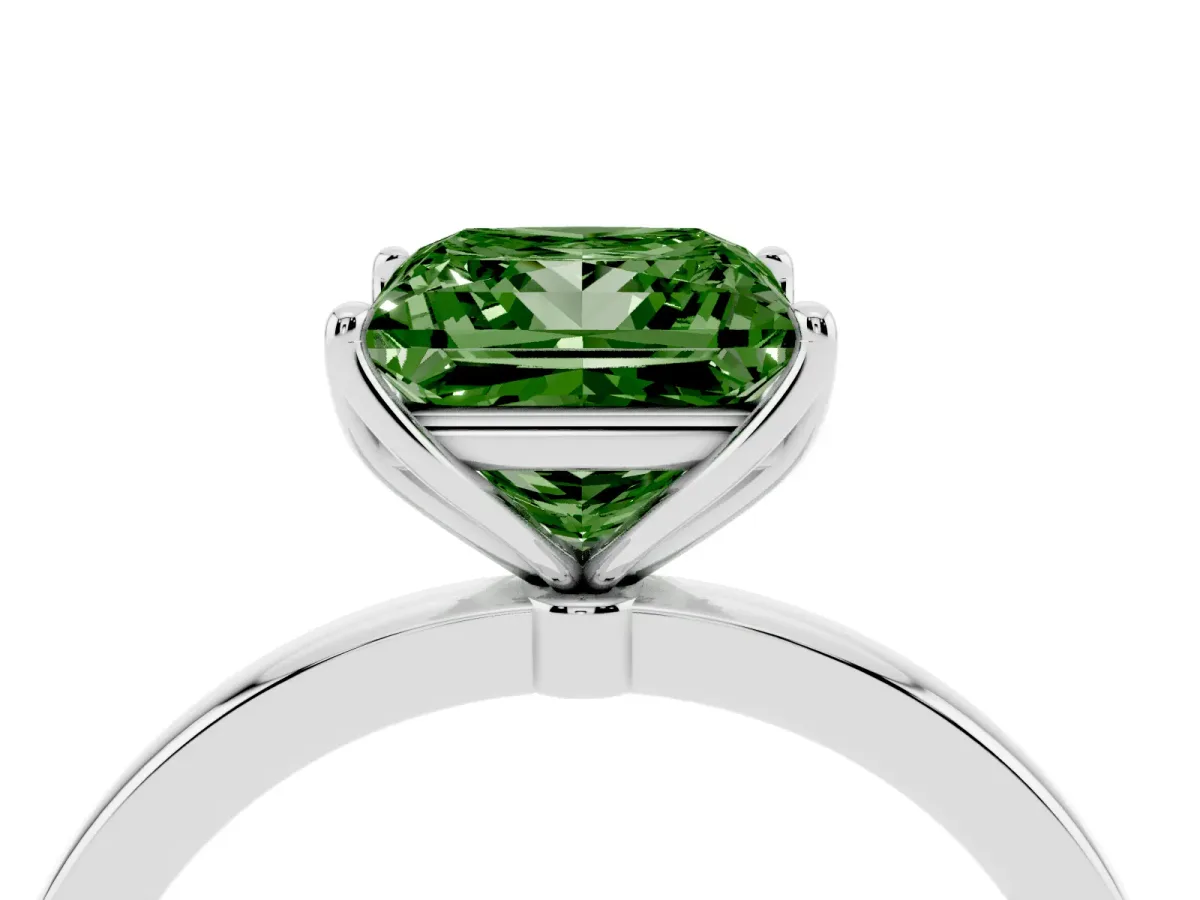 Fancy Green Princess Cut Diamond Solitaire Ring with Thin Band and Prong Setting Silver