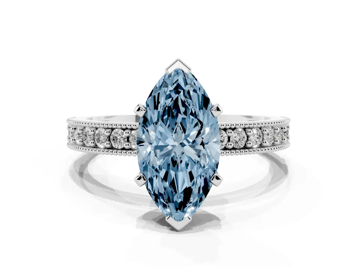 Fancy Blue Marquise Cut Diamond Milgrain Pavé Engagement Ring with Four-Prong Setting Silver