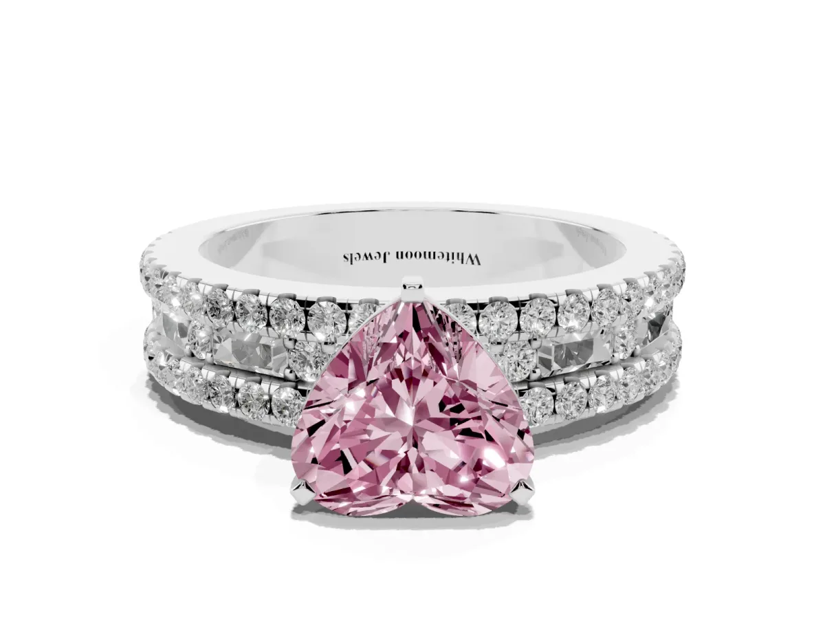 Fancy Pink Heart Cut Diamond Solitaire Ring with Pavé and Channel Set Band White gold
