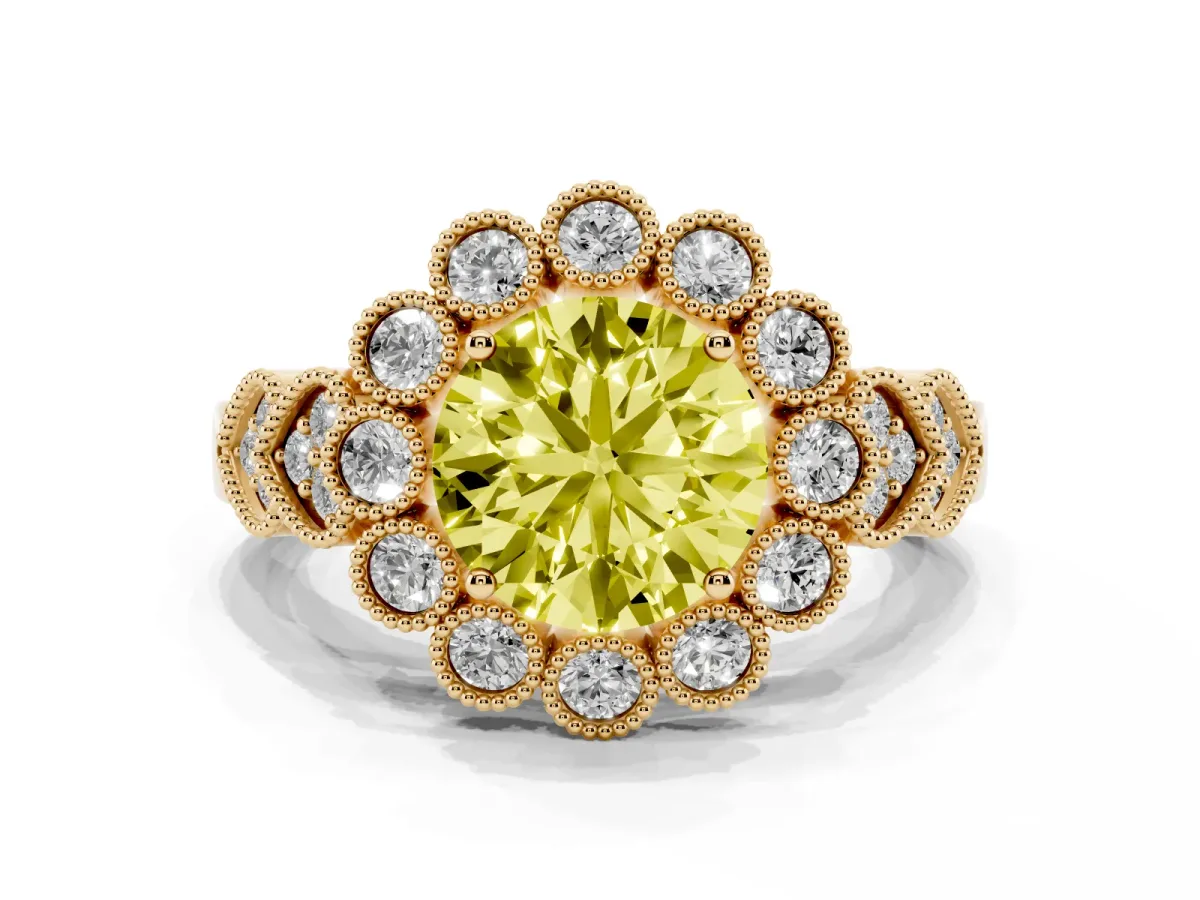 Fancy Yellow Round Cut Brilliant Milgrain Pave Heart Band Solitaire Ring Yellow gold
