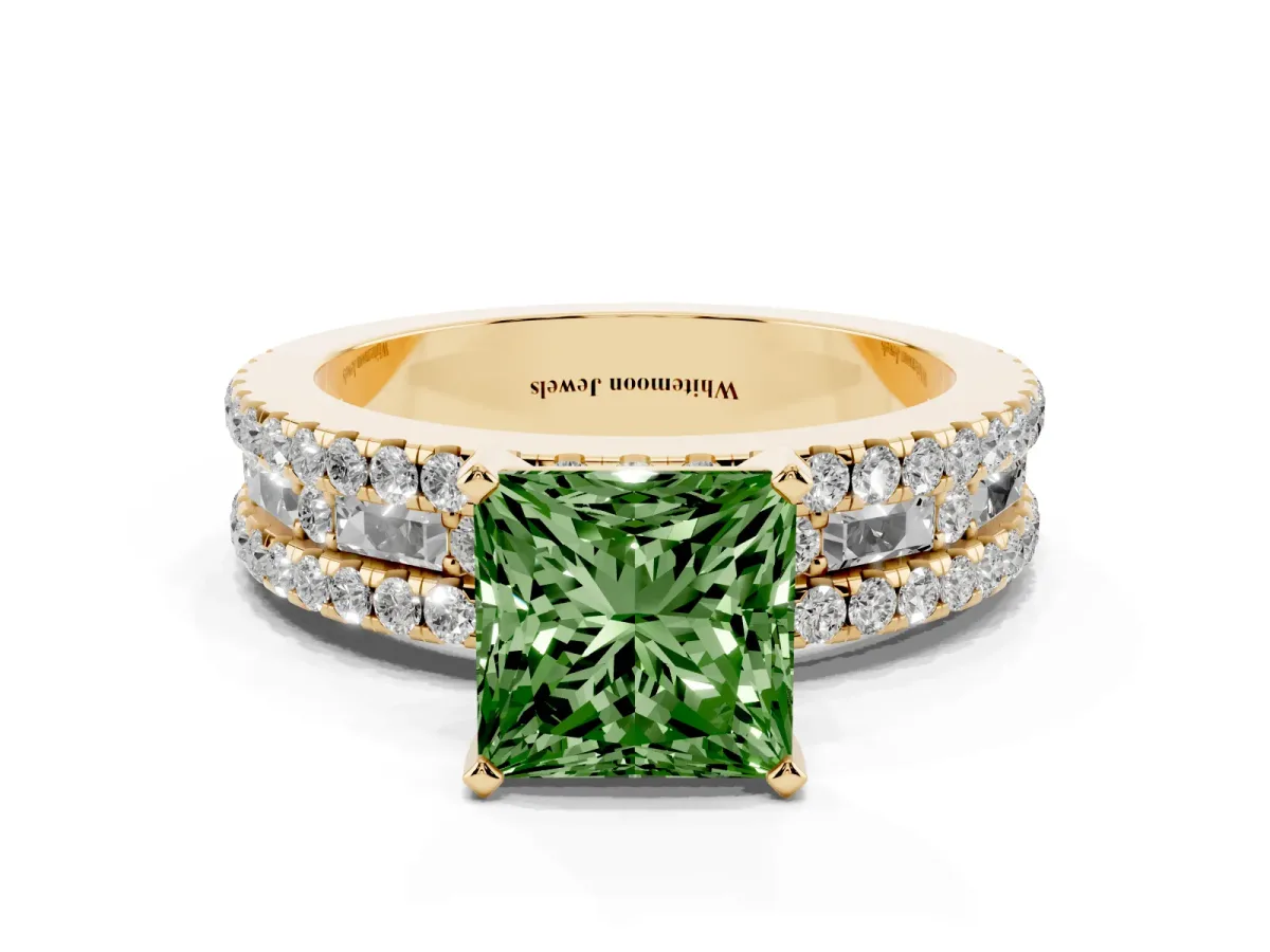 Fancy Green Princess Cut Diamond Solitaire Ring with Pavé and Channel Set Band Yellow gold