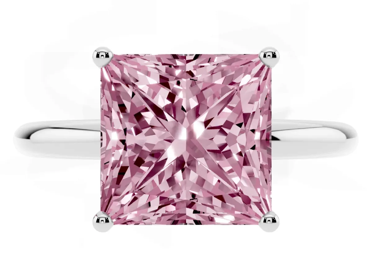 Fancy Pink Princess Cut Cut Solitaire Engagement Ring with Four-Prong Setting and Classic Band Platinum
