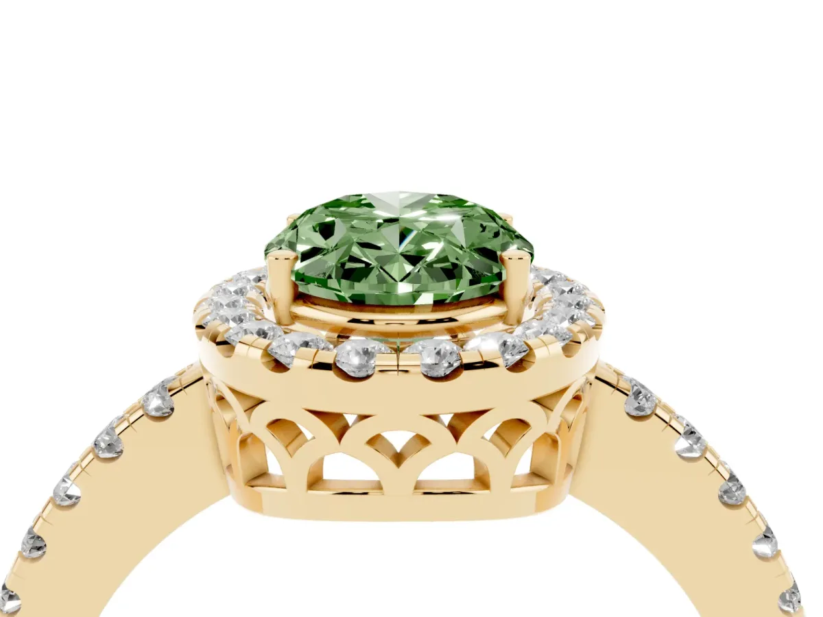 Fancy Green Oval Cut Halo Diamond Engagement Ring with Pavé Band and Four-Prong Setting Yellow gold
