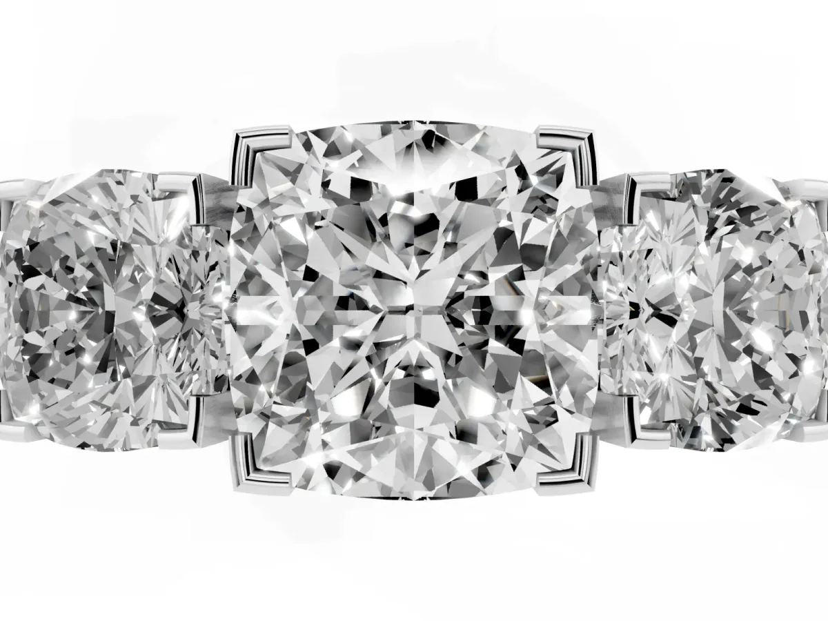 Three-Stone Cushion Cut Cut Diamond Ring with Channel Set Band and Four-Prong Setting Silver