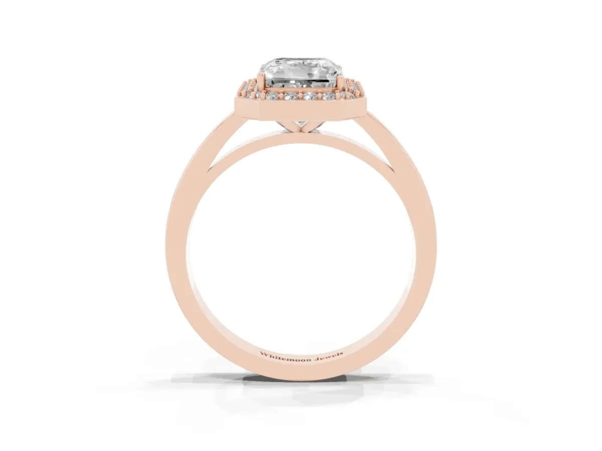 Radiant Cut Halo Diamond Ring with Solitaire Band and Prong Setting Rose gold