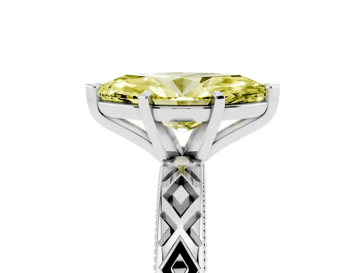 Fancy Yellow Marquise Cut Solitaire Diamond Ring with Milgrain and Black Enamel X Pattern Band Silver