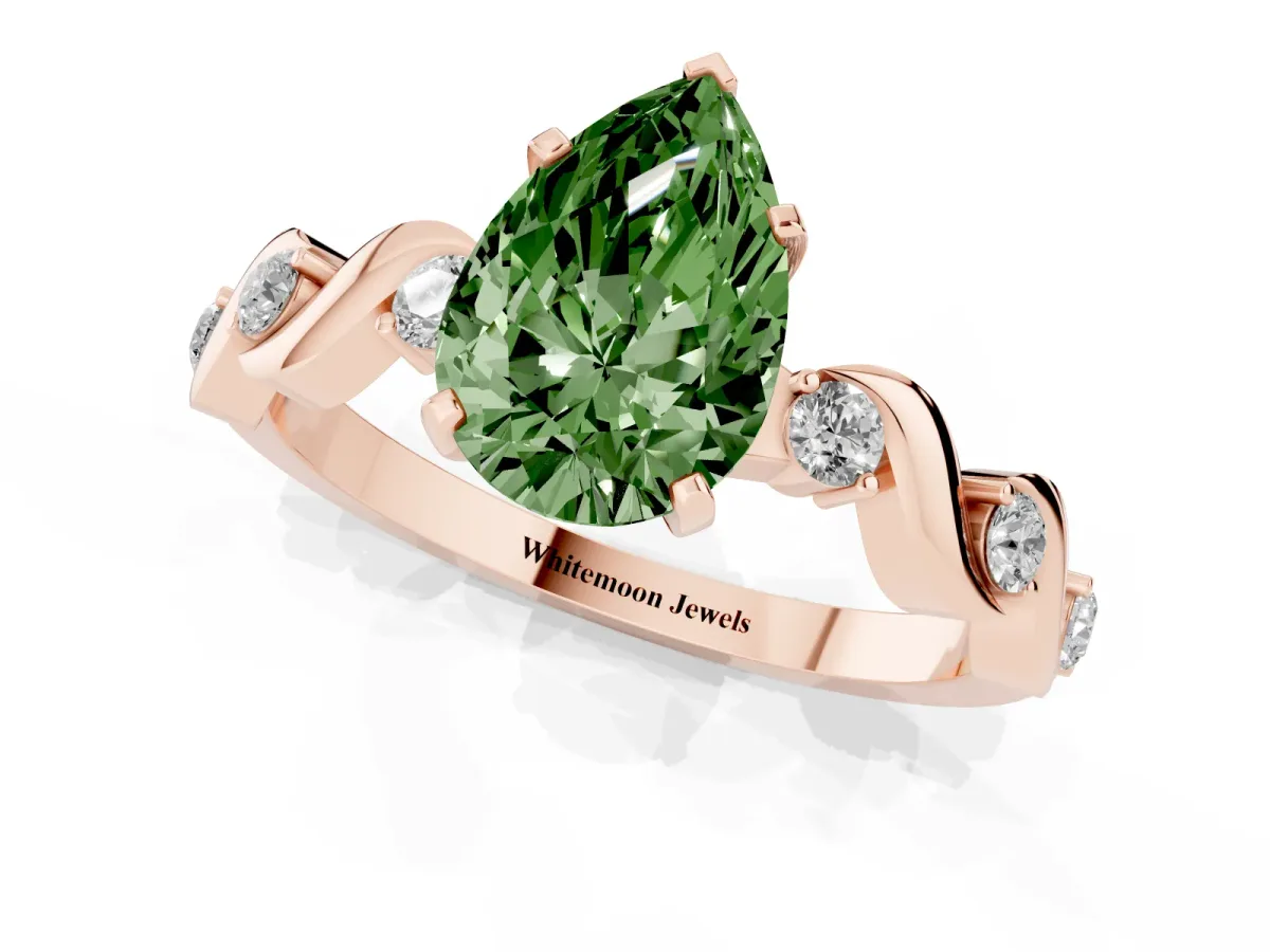 Fancy Green Pear Cut Diamond Solitaire Twisted Band with Round Accents and Prong Setting Rose gold