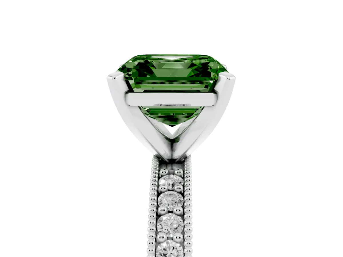 Fancy Green Asscher Cut Diamond Milgrain Pavé Engagement Ring with Four-Prong Setting Silver