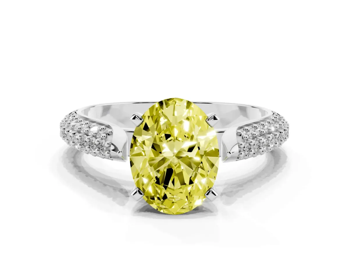 Fancy Yellow Oval Cut Diamond Solitaire Engagement Ring with Multi-Row Round Pavé Band and Prong Setting Platinum