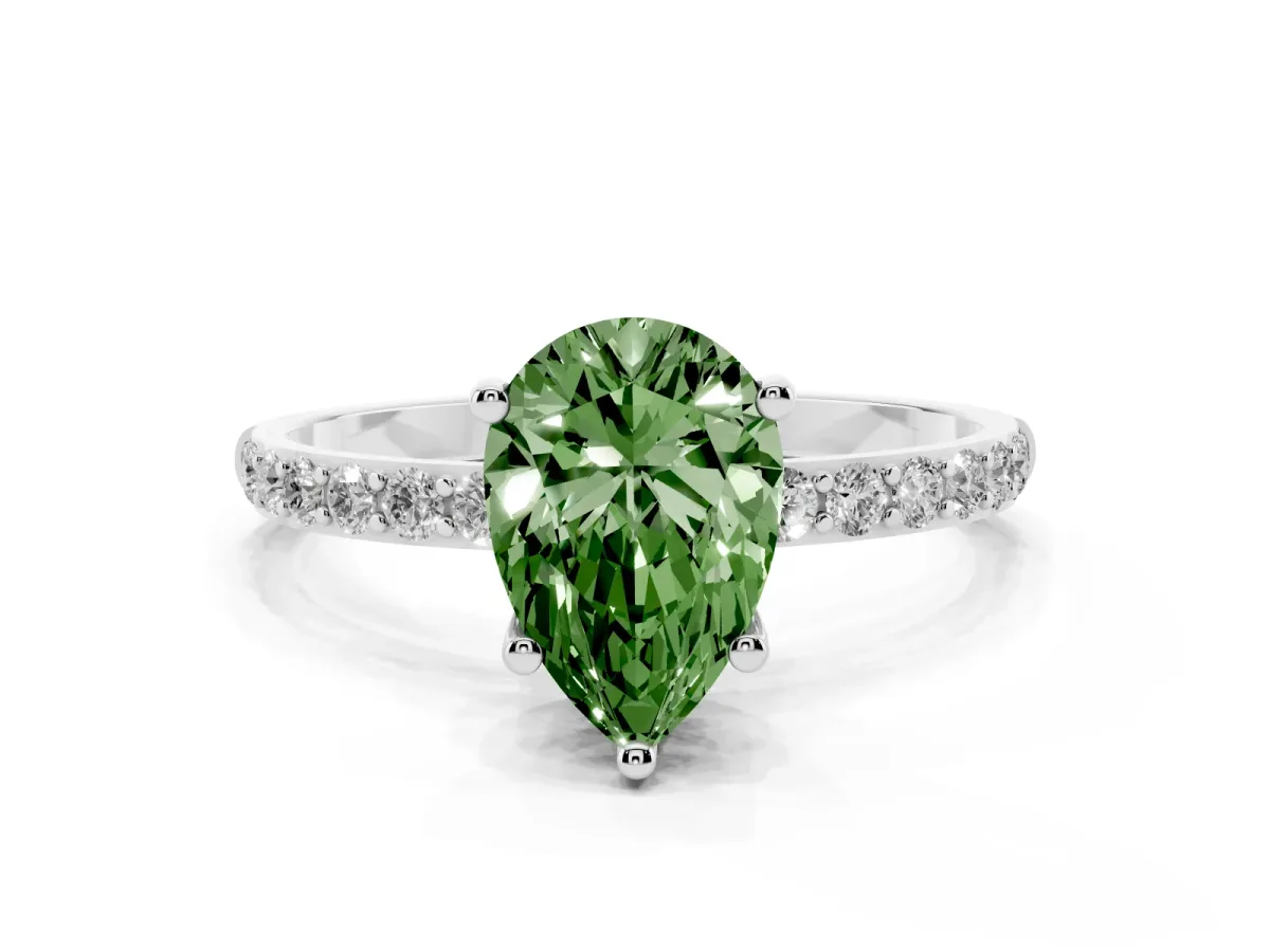 Fancy Green Pear Cut Diamond Solitaire Ring with Round Pavé Shoulders and Prong Setting Silver