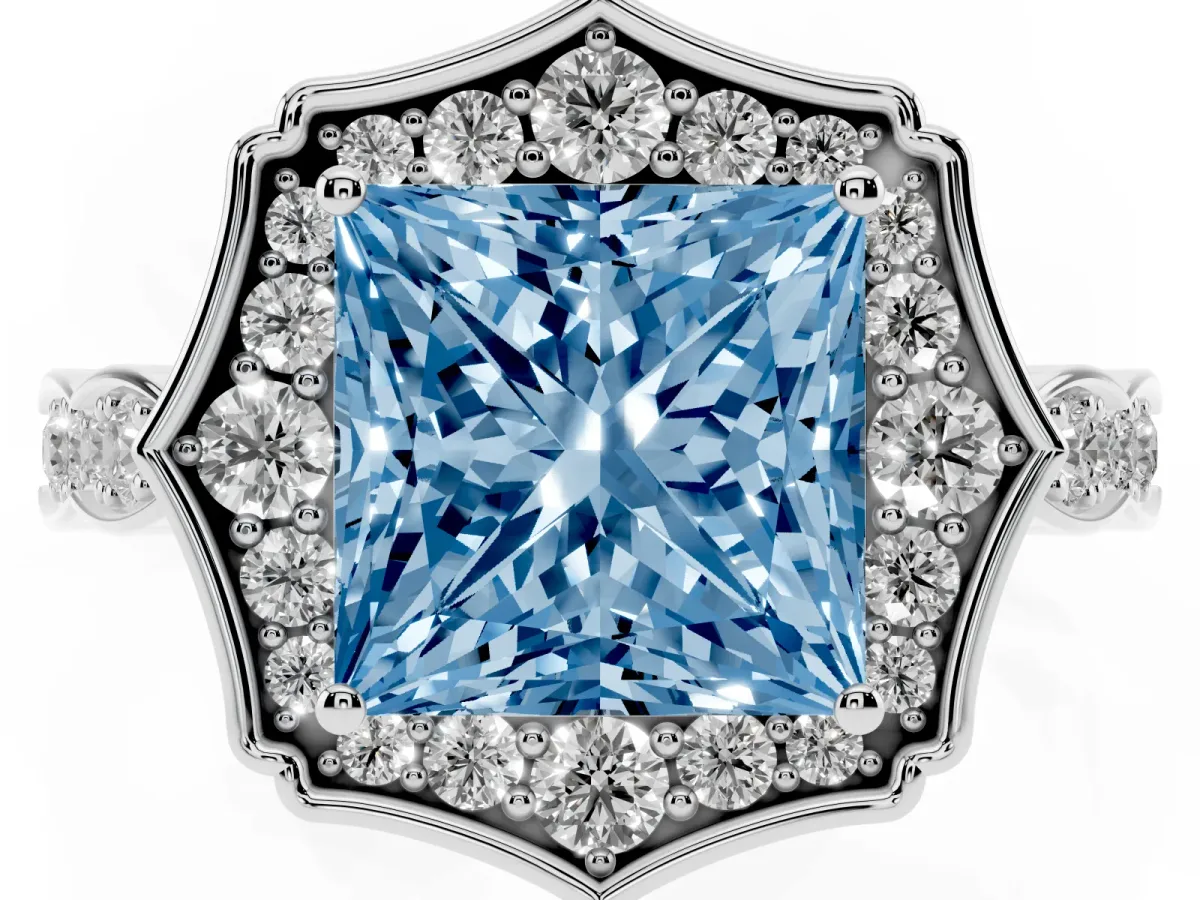 Fancy Blue Princess Cut Halo Diamond Engagement Ring with Milgrain Band and Four-Prong Setting Platinum