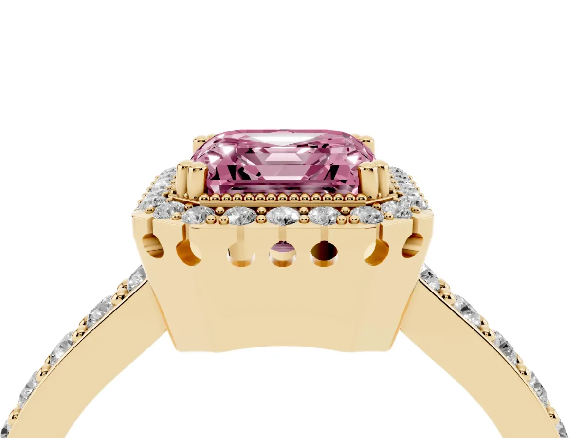 Fancy Pink Asscher Cut Cut Diamond Halo Engagement Ring with Milgrain Detail and Pavé Band Yellow gold