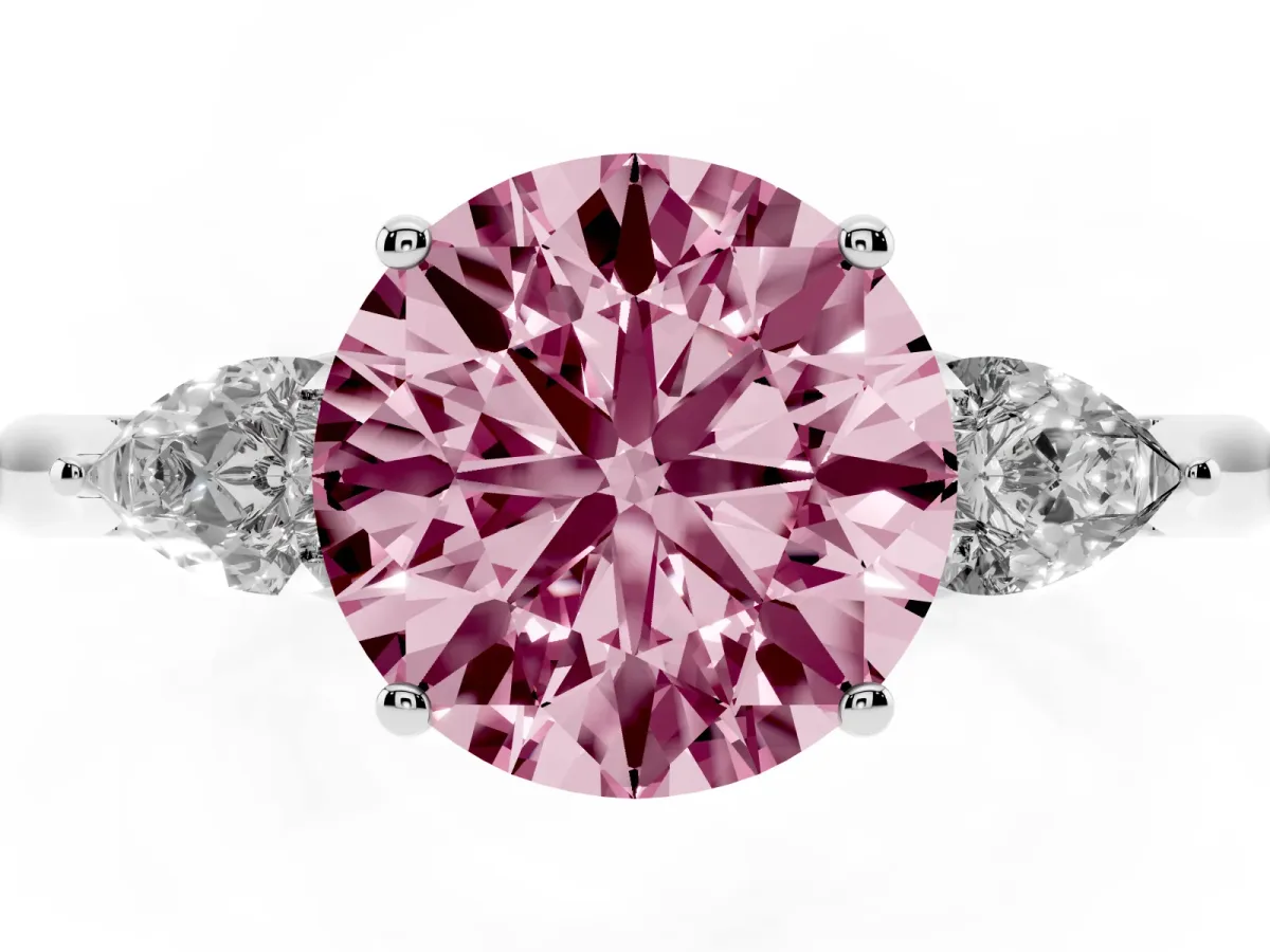 Fancy Pink Round Cut Diamond Three-Stone Ring with Pear Side Stones and Prong Setting Silver