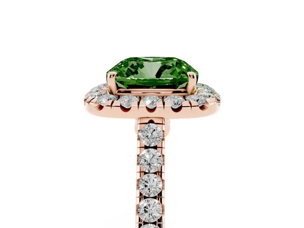 Fancy Green Cushion Cut Halo Pave Diamond Engagement Ring with Four-Prong Setting Rose gold