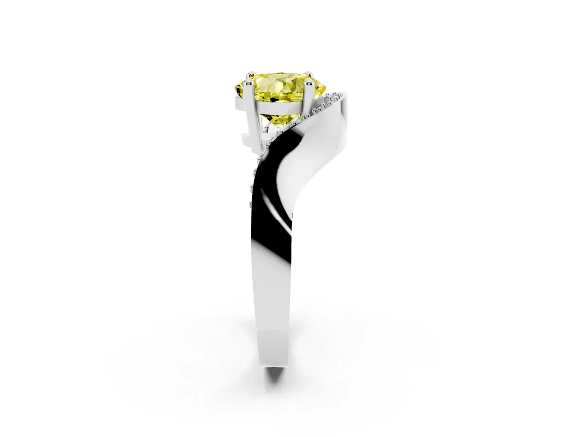 Fancy Yellow Cushion Cut Solitaire Diamond Engagement Ring with Pave Band and Four-Prong Setting Silver