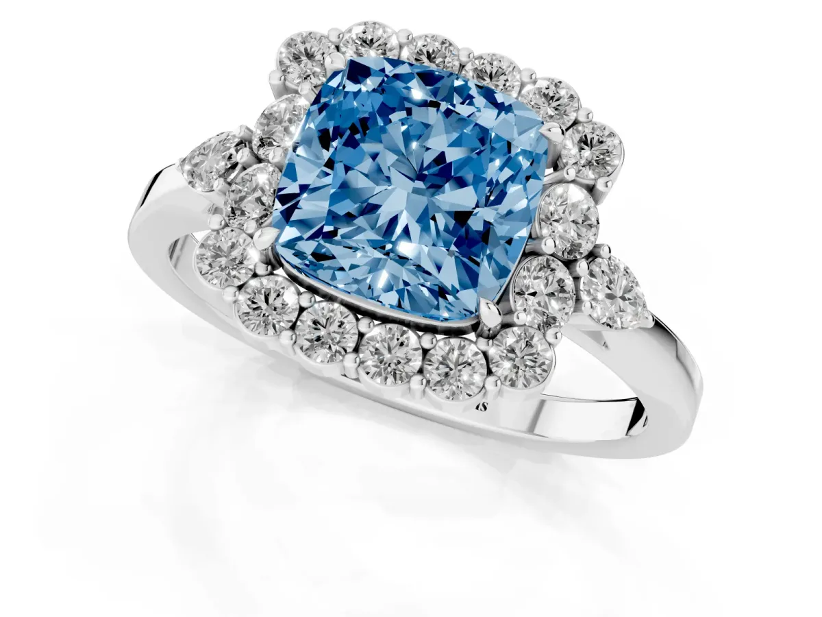 Fancy Blue Cushion Cut Diamond Halo Ring with Pear Side Stones and Prong Setting Silver