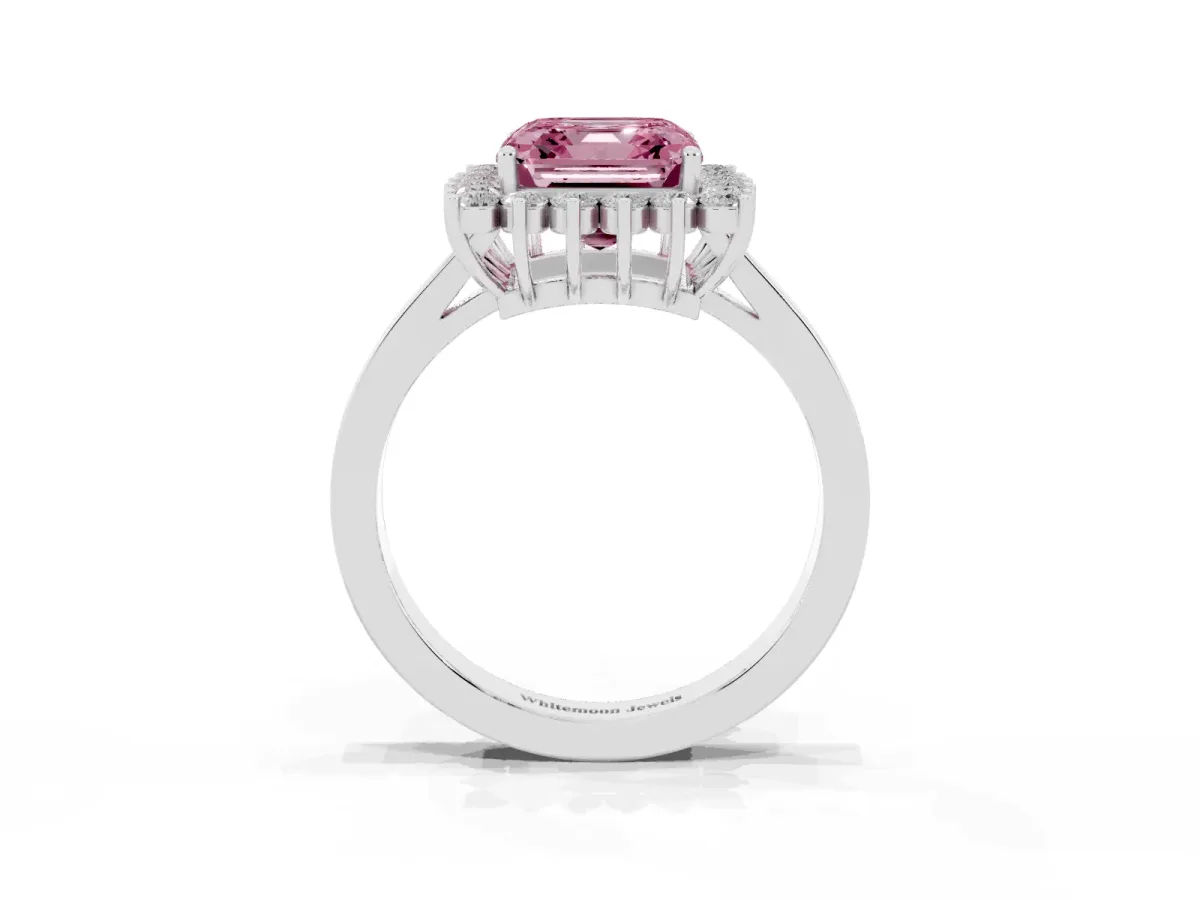 Fancy Pink Asscher Cut Cut Diamond Halo Ring with Round Brilliant Halo and Solitaire Band Platinum