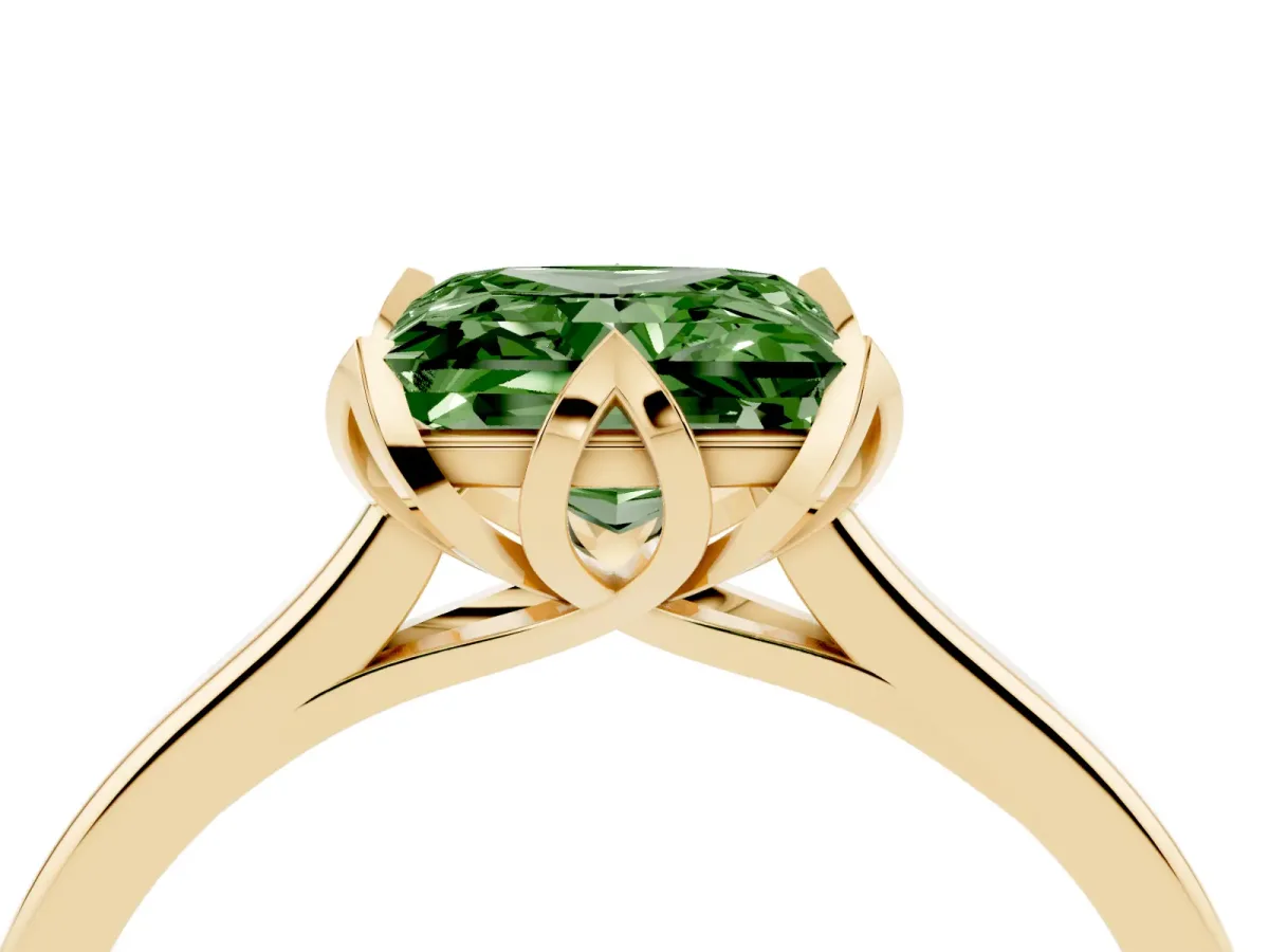 Fancy Green Princess Cut Diamond Solitaire Ring with Flower Prong Setting and Classic Band Yellow gold