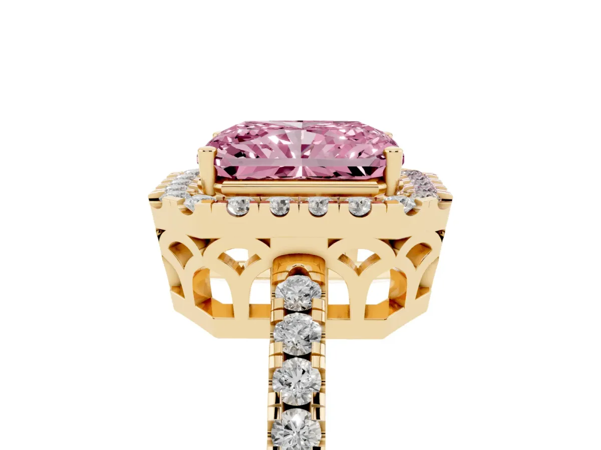 Fancy Pink Radiant Cut Halo Diamond Engagement Ring with Pavé Band and Four-Prong Setting Yellow gold
