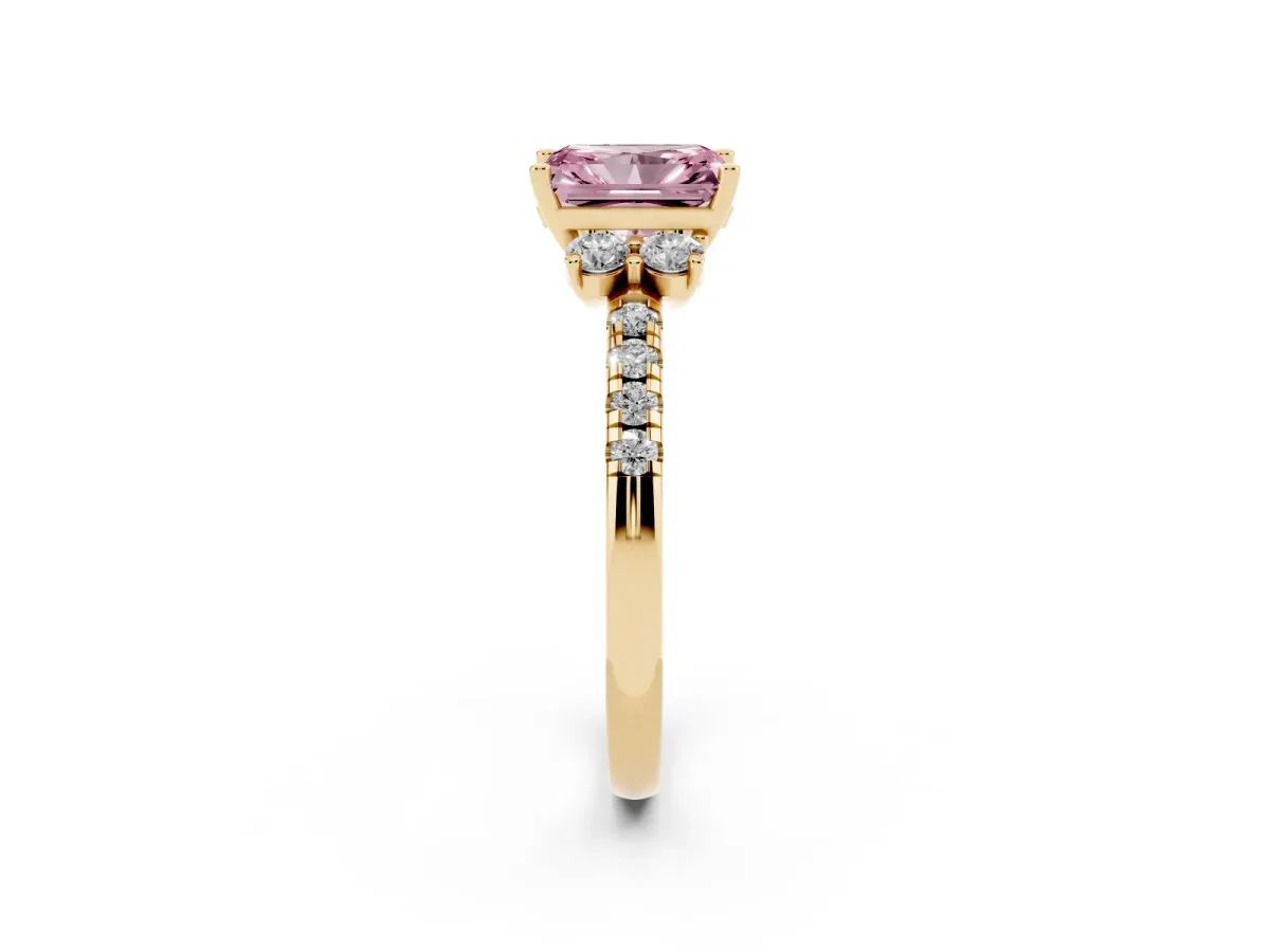 Fancy Pink Radiant Cut Diamond Three-Stone Pave Band with Four-Prong Setting Yellow gold