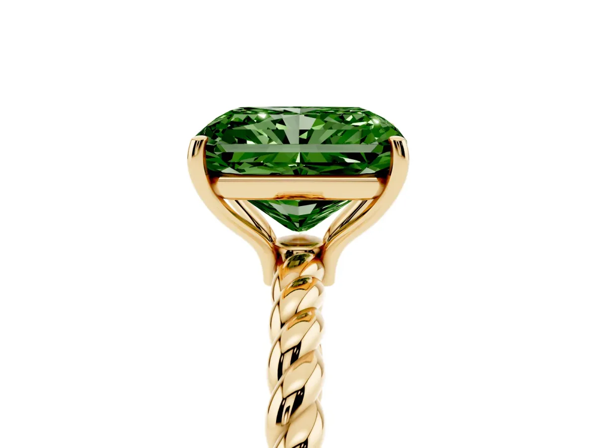 Fancy Green Radiant Cut Solitaire Twist Band Ring with Four-Prong Setting Yellow gold