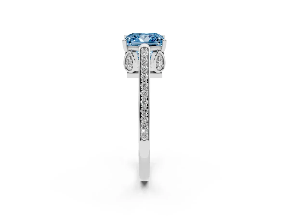 Fancy Blue Princess Cut Cut Cathedral Pave Diamond Engagement Ring with Six-Prong Setting Silver