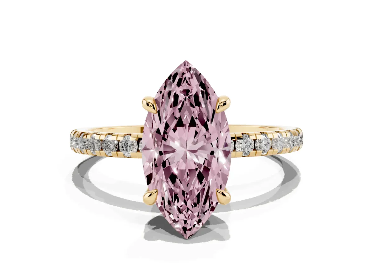 Fancy Pink Marquise Cut Diamond Brilliant Solitaire Ring with Pavé Band and Four-Prong Setting Yellow gold
